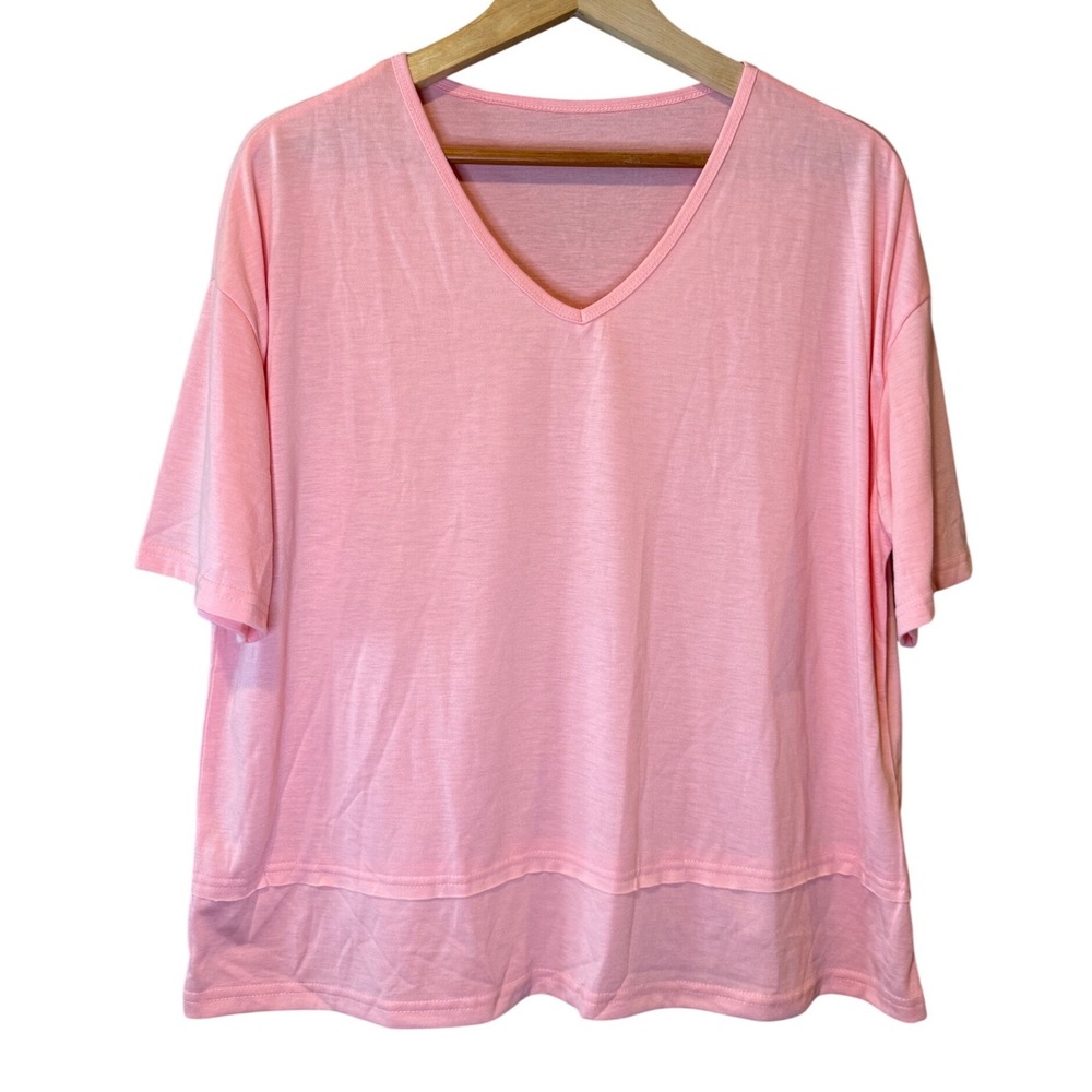 Pink V-Neck T-Shirt 2X Short Sleeve Layered Hem Relaxed Fit Top NWOT